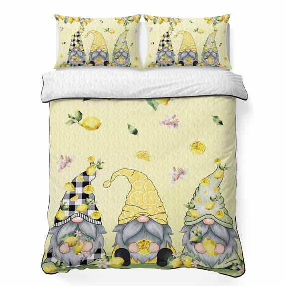 King Quilt Bedding Set, Country Gnome Yellow Lemon Soft Microfiber Summer Bedspread Coverlet with 2 Pillow Shams for All Season, Rustic Dwarf Fruit Leaf Flower Breathable Bedding Set for Hot Sleepers