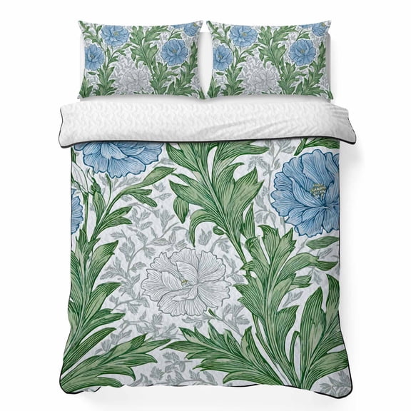 King Quilt Bedding Set, Country Green Leaf Blue Poppy 3 Piece Bedding Set Lightweight Breathable Quilt with 2 Pillow Shams, Watercolor Flower Leaves Soft Microfiber Summer Comforter for Hot Sleepers