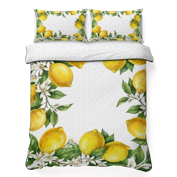 King Quilt Bedding Set, Country Lemon Flower Leaf Soft Microfiber Summer Bedspread Coverlet with 2 Pillow Shams for All Season, Spring Fruit Floral Plant Breathable Bedding Set for Hot Sleepers