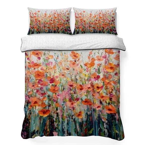 King Quilt Bedding Set, Country Orange Poppy Flower 3 Piece Bedding Set Lightweight Breathable Quilt with 2 Pillow Shams, Pastoral Floral Oil Painting Art Soft Summer Comforter for Hot Sleepers