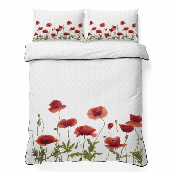 King Quilt Bedding Set, Country Red Poppy Flower Soft Microfiber Summer Bedspread Coverlet with 2 Pillow Shams for All Season, Leaves Plant on White Breathable Bedding Set for Hot Sleepers