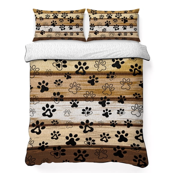 King Quilt Bedding Set, Cute Dog Paw Print Farm Wood Board Soft Microfiber Summer Bedspread Coverlet with 2 Pillow Shams for All Season, Pet Footprint Shadow Breathable Bedding Set for Hot Sleepers