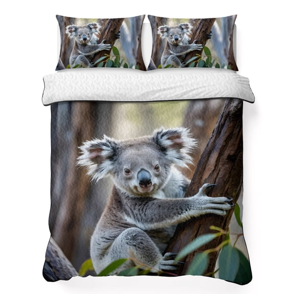 King Quilt Bedding Set Cute Koala Animal Lightweight Summer Quilted Coverlet for Hot Sleepers, Trees Leaves Jungle Breathable Soft Cooling Blanket with 2 Pillow Shams for All Season