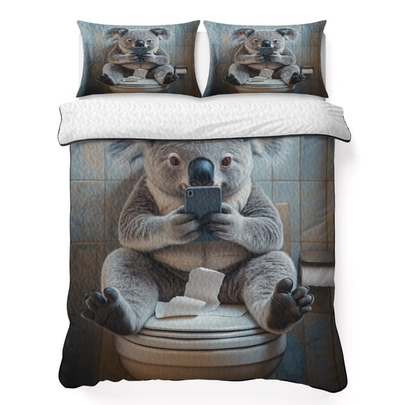 King Quilt Bedding Set Cute Koala Sitting on The Toilet Summer Quilt Lightweight Quilted Coverlet with 2 Pillow Shams, Funny Animal Looking Phones 3-Piece Bedspread Quilt Set for All Season