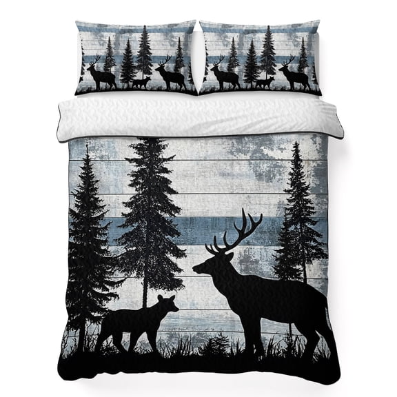 King Quilt Bedding Set, Elk Tree Jungle Black Silhouette Soft Microfiber Summer Bedspread Coverlet with 2 Pillow Shams for All Season, Farm Retro Wood Board Breathable Bedding Set for Hot Sleepers