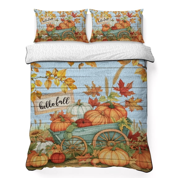 King Quilt Bedding Set, Fall Pumpkin Harvest on Wood Grain Soft Microfiber Summer Bedspread Coverlet with 2 Pillow Shams, Thanksgiving Botanical Leaves Breathable Bedding Set for Hot Sleepers