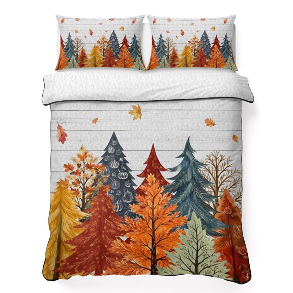King Quilt Bedding Set Fall Thanksgiving Pine Tree Summer Quilt Lightweight Quilted Coverlet with 2 Pillow Shams, Maple Leaves White Plank 3-Piece Bedspread Quilt Set for All Season