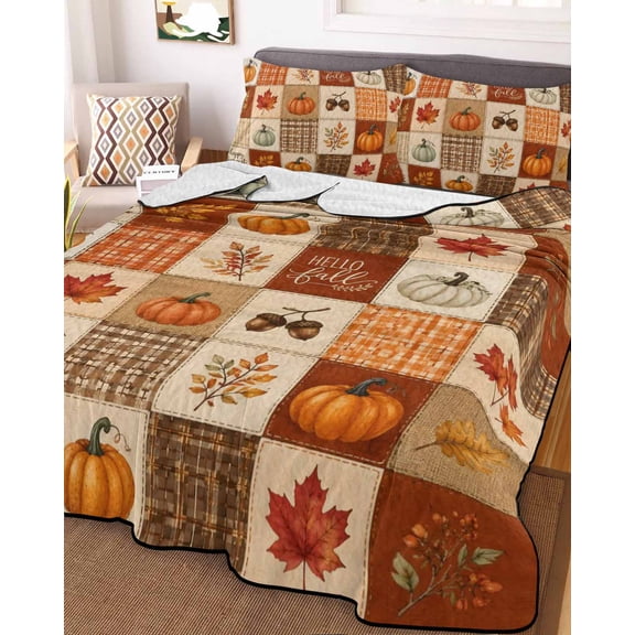 King Quilt Bedding Set, Fall Thanksgiving Pumpkin Leaf Lightweight Coverlet Summer Comforter Set Soft Microfiber Bedspread, Maple Leaves Splicing Plaid 3 Piece Quilt Set with 2 Pillow Shams