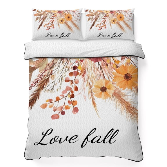 King Quilt Bedding Set Fall Watercolor Farm Flowers Reed Summer Quilt Lightweight Quilted Coverlet with 2 Pillow Shams, Leaves Pine Cones White 3-Piece Bedspread Quilt Set for All Season