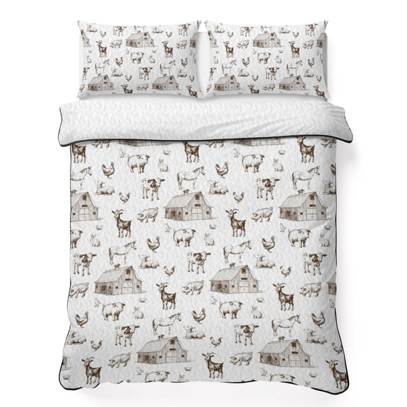 King Quilt Bedding Set, Farm Cow Pig Chicken Goat Soft Microfiber Summer Bedspread Coverlet with 2 Pillow Shams for All Season, Farmhouse Barn Animal Breathable Bedding Set for Hot Sleepers