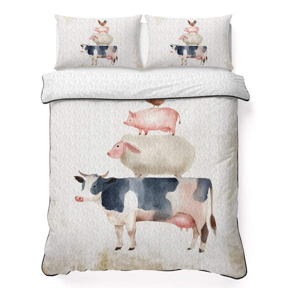 King Quilt Bedding Set Farm Cow Sheep Pig Chicken Breathable Summer Cooling Blanket for Hot Sleepers, Rustic Retro Animal Lightweight Soft Bedding Set with 2 Pillow Shams for All Season