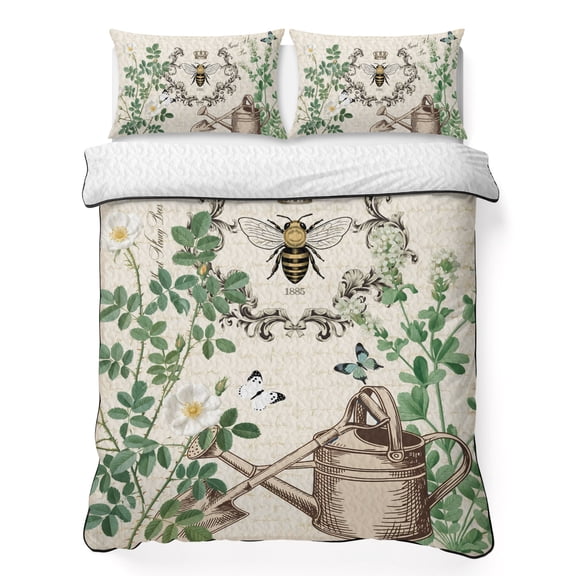 King Quilt Bedding Set, Farm Rustic Honey Bee Plant Flower Art Soft Microfiber Summer Bedspread Coverlet with 2 Pillow Shams, Vintage Letter Back Breathable Bedding Set for Hot Sleepers