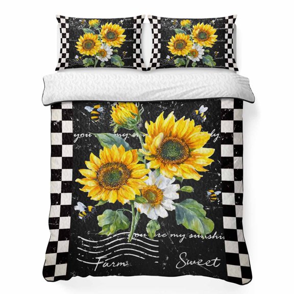 King Quilt Bedding Set, Farm Sunflower Plant Bee 3 Piece Bedding Set Lightweight Breathable Quilt with 2 Pillow Shams, Black and White Checker Soft Microfiber Summer Comforter for Hot Sleepers