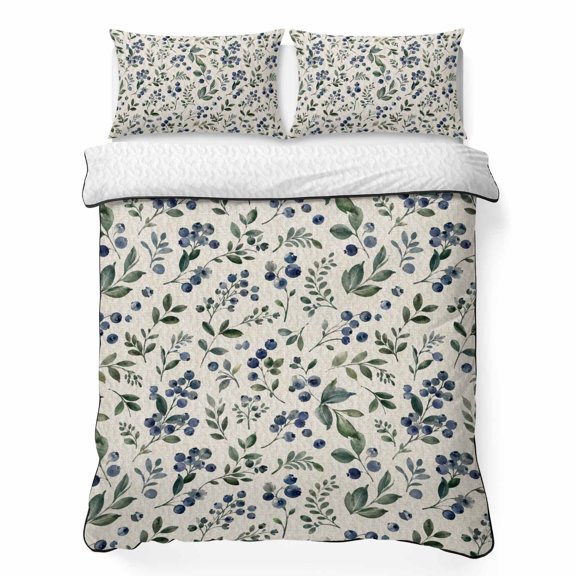 King Quilt Bedding Set, Farmhouse Blue Berry Green Leaf Soft Microfiber Summer Bedspread Coverlet with 2 Pillow Shams, Country Fruit Plant Retro Linen Breathable Bedding Set for Hot Sleepers