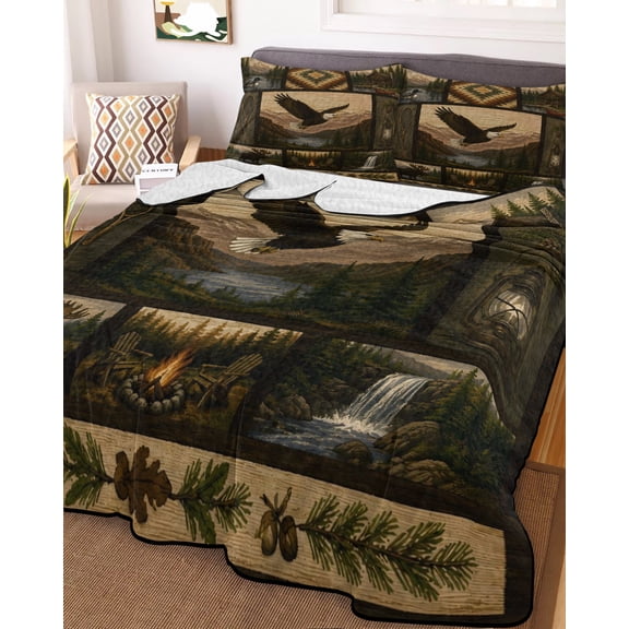 King Quilt Bedding Set, Farmhouse Forest Mountain River Lightweight Coverlet Summer Comforter Set Soft Microfiber Bedspread, Vintage Wilderness Theme 3 Piece Quilt Set with 2 Pillow Shams