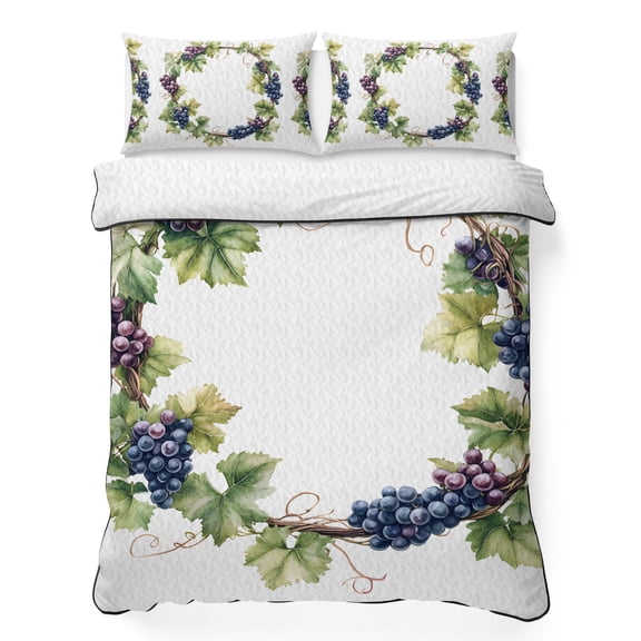 King Quilt Bedding Set Farmhouse Gradient Grape Vine Breathable Summer Cooling Blanket for Hot Sleepers, Spring Watercolor Leaves Lightweight Soft Bedding Set with 2 Pillow Shams for All Season