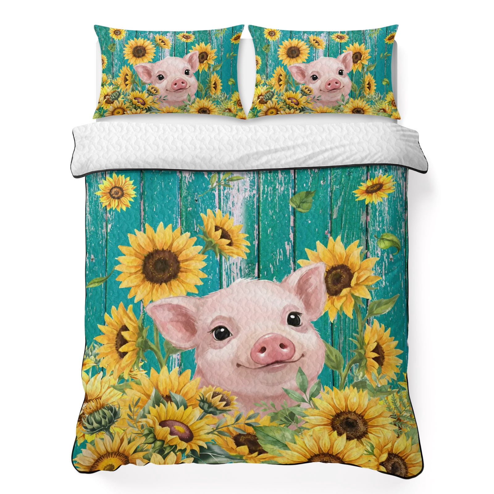 King Quilt Bedding Set Farmhouse Pink Pig Sunflower Summer Quilt ...