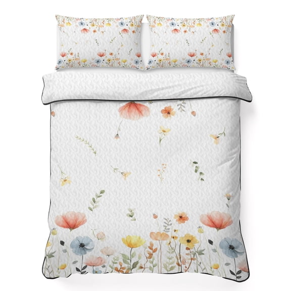 King Quilt Bedding Set, Farms Pink Blue Poppy Flowers 3 Piece Bedding Set Lightweight Breathable Quilt with 2 Pillow Shams, Country Floral Art Soft Microfiber Summer Comforter for Hot Sleepers
