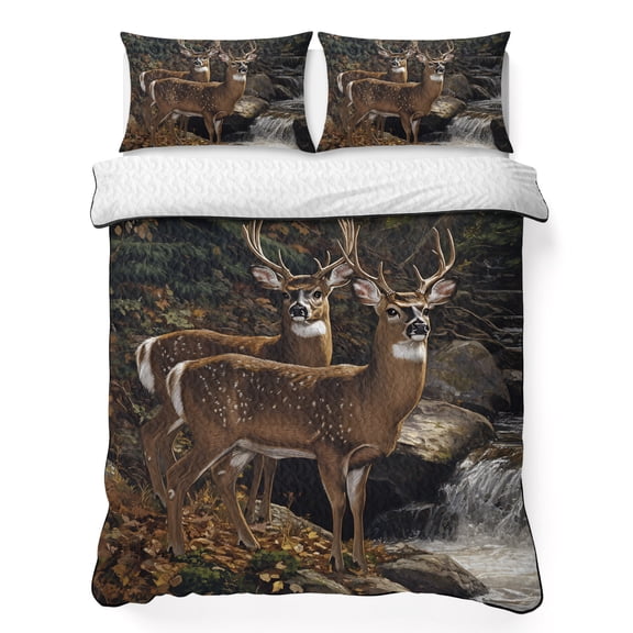 King Quilt Bedding Set, Forest Deer Tree Leaf Soft Microfiber Summer Bedspread Coverlet with 2 Pillow Shams for All Season, Rock River Animal Natural Scenery Breathable Bedding Set for Hot Sleepers