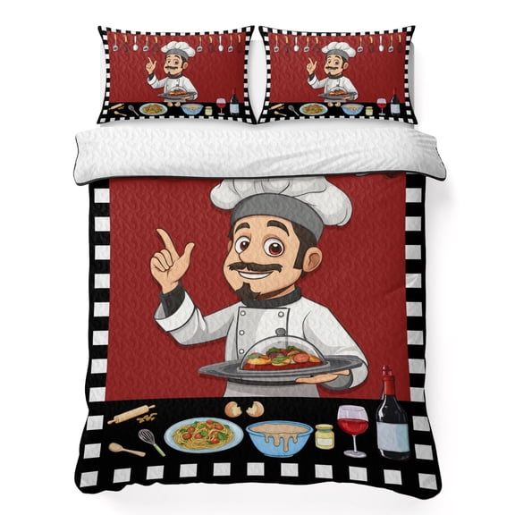 King Quilt Bedding Set Fun Chef Kitchenware Food Burgundy Red Lightweight Summer Quilted Coverlet for Hot Sleepers, Black White Checker Breathable Soft Blanket with 2 Pillow Shams for All Season