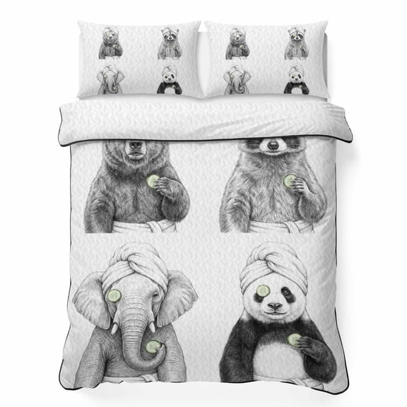 King Quilt Bedding Set Funny Animal SPA Sketch Art Breathable Summer Cooling Blanket for Hot Sleepers, Bear Panda Elephant Raccoon Lightweight Soft Bedding Set with 2 Pillow Shams for All Season