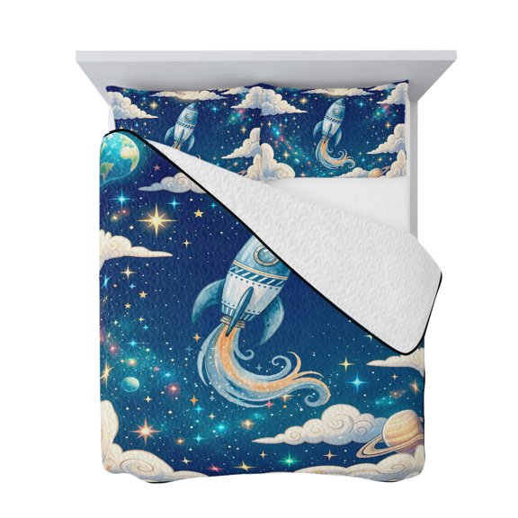 King Quilt Bedding Set, Galaxy Stars Moon Planets Soft Microfiber Summer Bedspread Coverlet with 2 Pillow Shams for All Season, Cloud Dream Sky Rocket Breathable Bedding Set for Hot Sleepers
