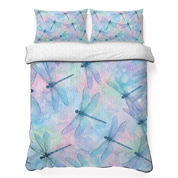 King Quilt Bedding Set Garden Animals Dragonflies Dreamy Background Lightweight Summer Quilted Coverlet for Hot Sleepers, Breathable Soft Cooling Blanket with 2 Pillow Shams for All Season