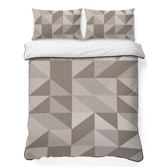 King Quilt Bedding Set Geometric Khaki Triangle Art Lightweight Summer Quilted Coverlet for Hot Sleepers, Modern Simplistic Breathable Soft Cooling Blanket with 2 Pillow Shams for All Season