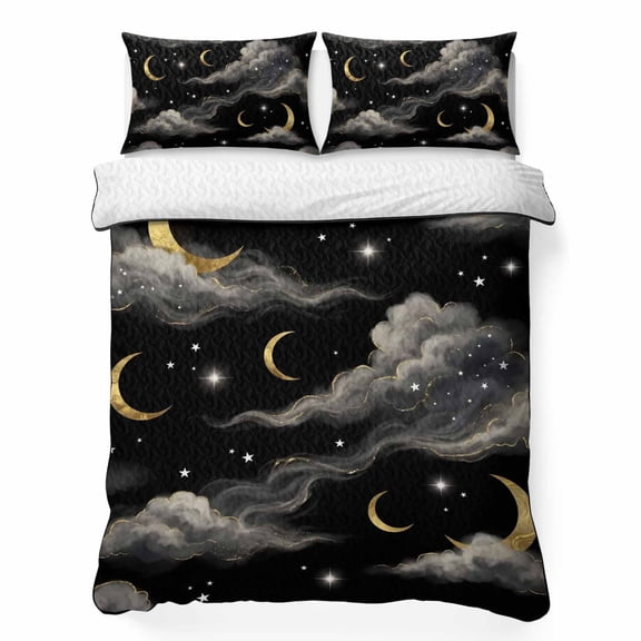 King Quilt Bedding Set, Golden Moons Mystical Evening Soft Microfiber Summer Bedspread Coverlet with 2 Pillow Shams for All Season, Celestial Cloud Black Sky Breathable Bedding Set for Hot Sleepers