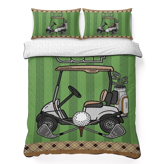 King Quilt Bedding Set, Golf Car Balls Clubs Soft Microfiber Summer Bedspread Coverlet with 2 Pillow Shams for All Season, Classic Sports Breathable Bedding Set for Hot Sleepers