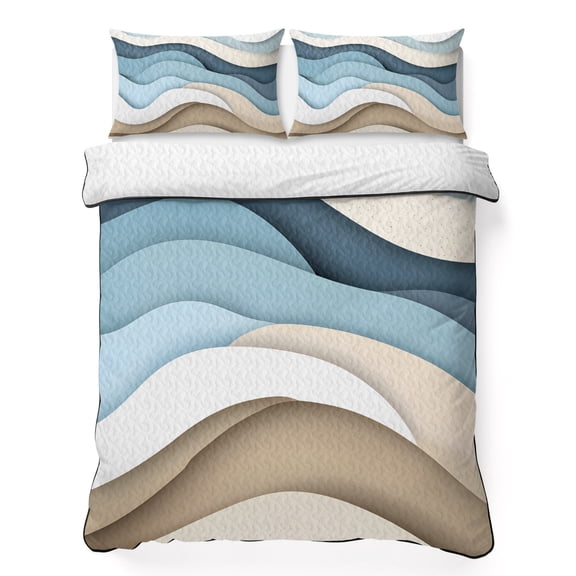 King Quilt Bedding Set Gradient Abstract Blue Brown Ocean Waves Summer Quilt Lightweight Quilted Coverlet with 2 Pillow Shams, Seaside Sand 3-Piece Bedspread Quilt Set for All Season