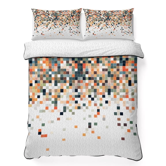 King Quilt Bedding Set, Gradient Orange Red Color Block Soft Microfiber Summer Bedspread Coverlet with 2 Pillow Shams for All Season, Abstract Brown Geometric Breathable Bedding Set for Hot Sleepers