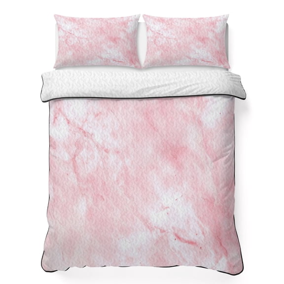 King Quilt Bedding Set, Gradient Pink Marble Texture Soft Microfiber Summer Bedspread Coverlet with 2 Pillow Shams for All Season, Modern Minimalist Art Breathable Bedding Set for Hot Sleepers