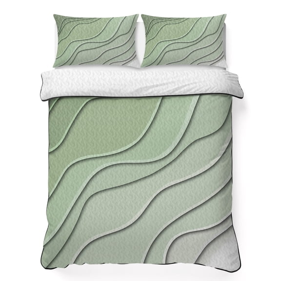 King Quilt Bedding Set, Gradient Sage Green Ocean Wave Line Soft Microfiber Summer Bedspread Coverlet with 2 Pillow Shams for All Season, Simple Striped Breathable Bedding Set for Hot Sleepers