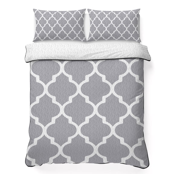 King Quilt Bedding Set, Gray White Moroccan Pattern Soft Microfiber Summer Bedspread Coverlet with 2 Pillow Shams for All Season, Modern Geometric Art Breathable Bedding Set for Hot Sleepers