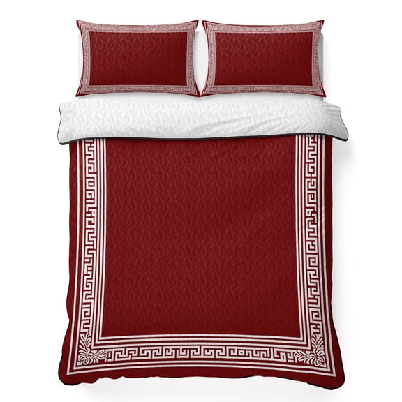 King Quilt Bedding Set, Greek Abstract Inspired Key Pattern Soft Microfiber Summer Bedspread Coverlet with 2 Pillow Shams, Geometric Twist Line on Red Breathable Bedding Set for Hot Sleepers