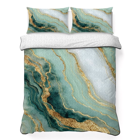 King Quilt Bedding Set, Green Marble Texture Ombre Soft Microfiber Summer Bedspread Coverlet with 2 Pillow Shams for All Season, Modern Minimalist Art Breathable Bedding Set for Hot Sleepers