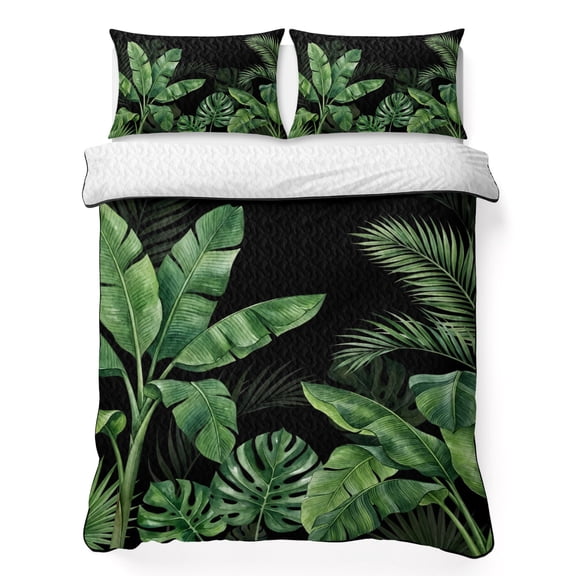 King Quilt Bedding Set, Green Palm Leaf Monstera on Black Soft Microfiber Summer Bedspread Coverlet with 2 Pillow Shams for All Season, Summer Tropical Plant Breathable Bedding Set for Hot Sleepers