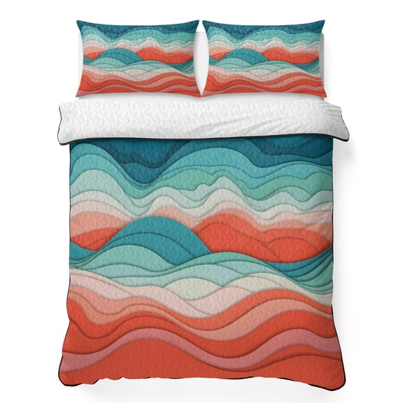 King Quilt Bedding Set, Green and Pink Gradient Wave Stripe Soft Microfiber Summer Bedspread Coverlet with 2 Pillow Shams, Abstract Mountain Scenery Breathable Bedding Set for Hot Sleepers