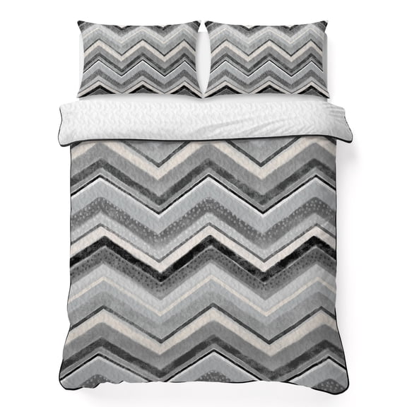King Quilt Bedding Set Grey Black White Stripes Chevron Lightweight Summer Quilted Coverlet for Hot Sleepers, Retro Abstract Geometric Art Breathable Soft Blanket with 2 Pillow Shams for All Season