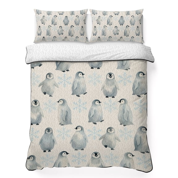 King Quilt Bedding Set Grey Penguin Retro Nordic Summer Quilt Lightweight Quilted Coverlet with 2 Pillow Shams, Winter Blue Snowflake 3-Piece Bedspread Quilt Set for All Season