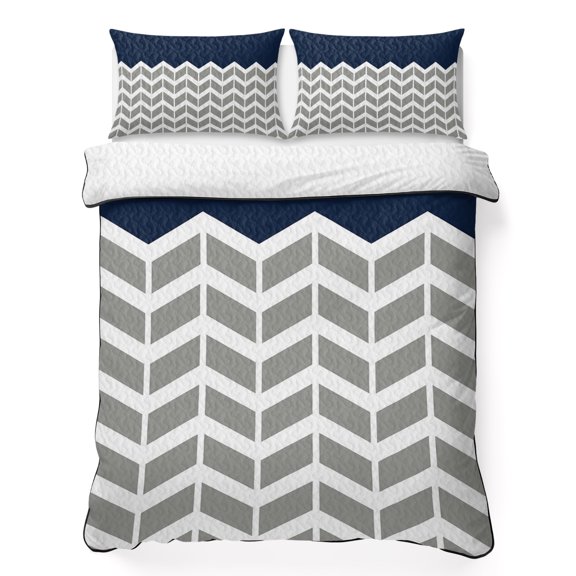 King Quilt Bedding Set Grey Stripes Chevron Navy Lightweight Summer Quilted Coverlet for Hot Sleepers, Zigzag Ripple Abstract Geometric Breathable Soft Blanket with 2 Pillow Shams for All Season