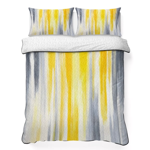 King Quilt Bedding Set, Grey Yellow Abstract Texture Soft Microfiber Summer Bedspread Coverlet with 2 Pillow Shams for All Season, Retro Graffiti Breathable Bedding Set for Hot Sleepers