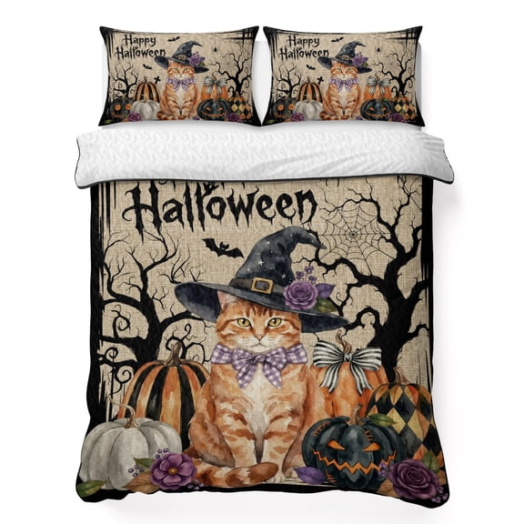 King Quilt Bedding Set Happy Halloween Cat Witch Hat Breathable Summer Cooling Blanket for Hot Sleepers, Pumpkin on Retro Linen Lightweight Soft Bedding Set with 2 Pillow Shams for All Season