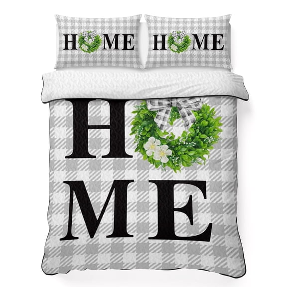 King Quilt Bedding Set, Home Green Garland Gray Gingham Check Soft Microfiber Summer Bedspread Coverlet with 2 Pillow Shams, Bow Flower White Buffalo Plaid Breathable Bedding Set for Hot Sleepers