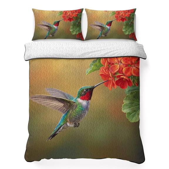 King Quilt Bedding Set, Hummingbird Flower Leaf Soft Microfiber Summer Bedspread Coverlet with 2 Pillow Shams, Rustic Bird Red Green Floral Plant Breathable Bedding Set for Hot Sleepers