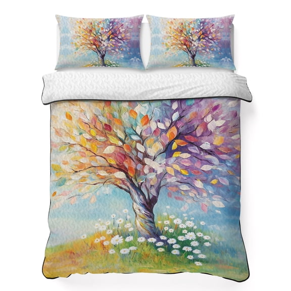 King Quilt Bedding Set, Impressionist Rainbow Tree with Daisies Soft Microfiber Summer Bedspread Coverlet with 2 Pillow Shams for All Season, Pastel Landscape Breathable Bedding Set for Hot Sleepers