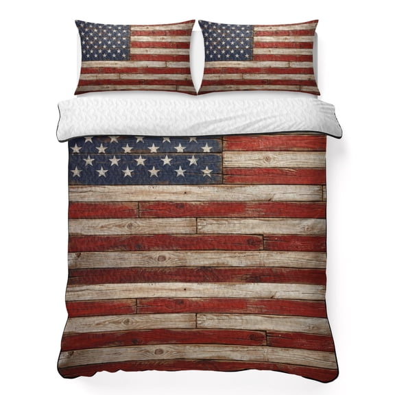 King Quilt Bedding Set, Independence Day American Flag Soft Microfiber Summer Bedspread Coverlet with 2 Pillow Shams for All Season, Retro Farm Wood Board Breathable Bedding Set for Hot Sleepers