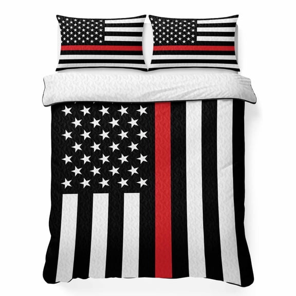 King Quilt Bedding Set Independence Day USA Flag Thin Red Line Summer Quilt Lightweight Quilted Coverlet with 2 Pillow Shams, Patriotic Firefighter 3-Piece Bedspread Quilt Set for All Season