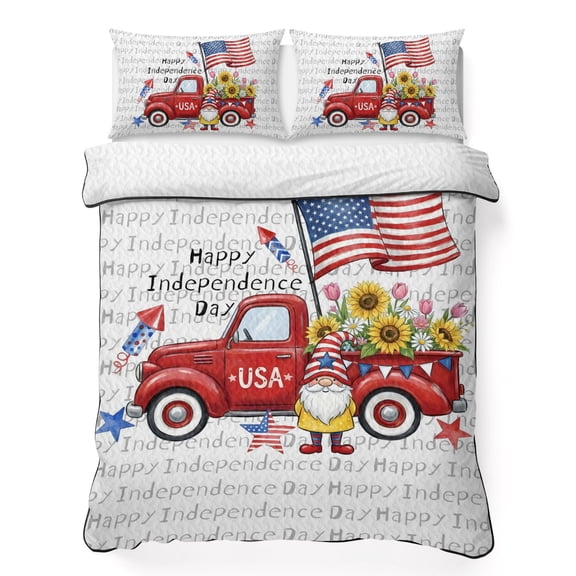 King Quilt Bedding Set, Independence Day USA Flag Truck Soft Microfiber Summer Bedspread Coverlet with 2 Pillow Shams for All Season, Patriotic Gnome Sunflower Breathable Bedding Set for Hot Sleepers
